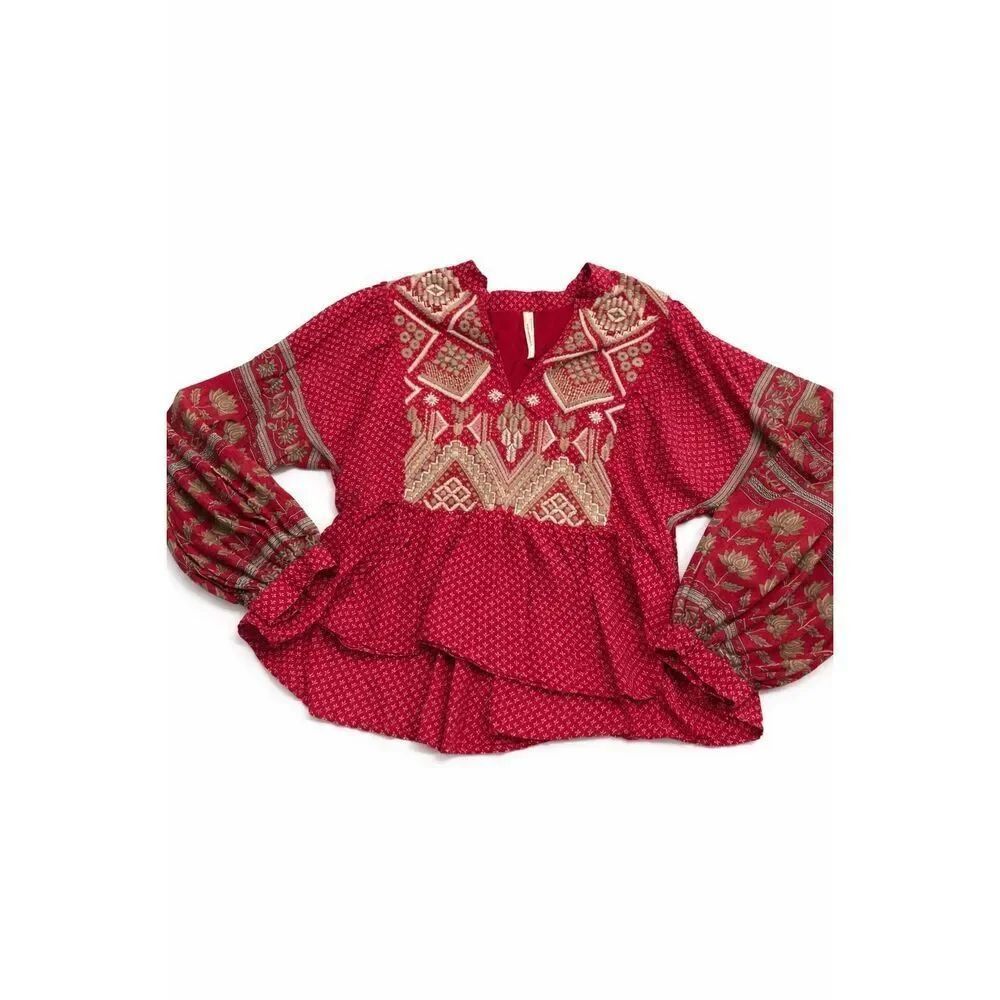 Anthropologie Keira Red Embroidered Boho Peplum Top Blouse Size Medium